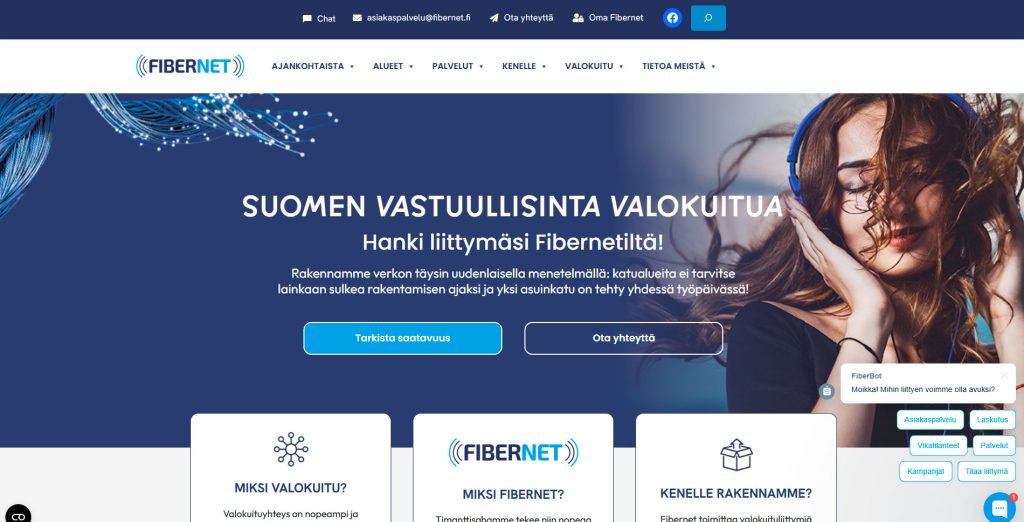 Fibernetin yrityssivuston etusivu